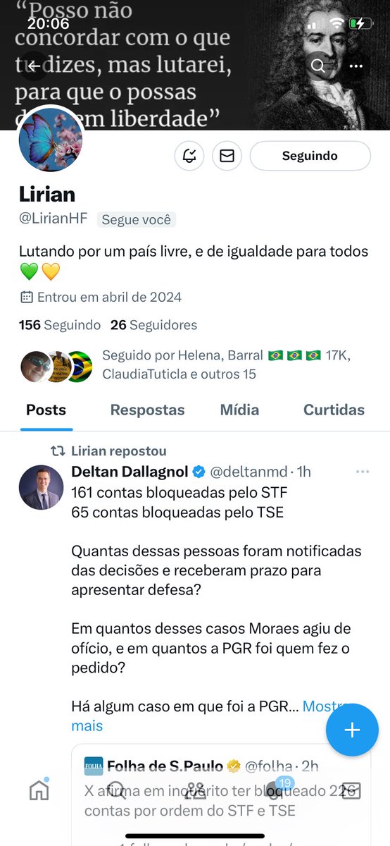 Mais um super desafio : Fazer a amiga @LirianHF , passar de 120 seguidores ainda hoje ! Vamos nessa , patriotas queridos ? Mostrem sua força !💪💪🇧🇷🇧🇷🤝🤝ABSOLUTA CERTEZA QUE LIRIAN SEGUIRÁ DE VOLTA TODOS OS PATRIOTAS QUE IRÃO SEGUI-LA , ESTOU CERTO LIRIAN? 🇧🇷🇧🇷🌻🌻