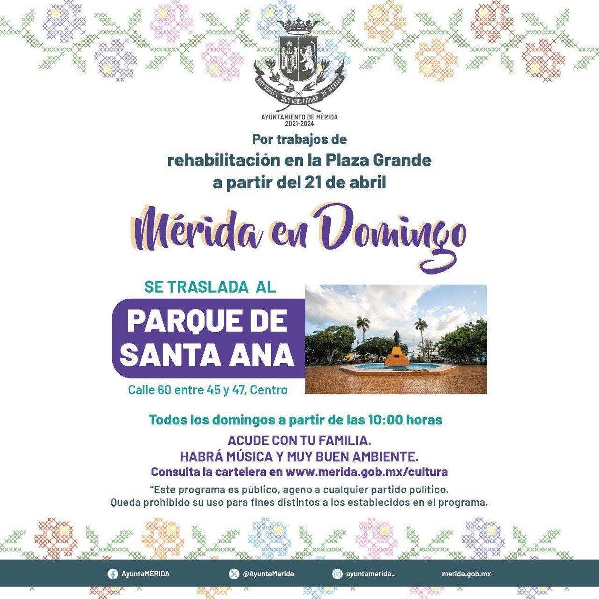 MeridaCultura1's tweet photo. Ven a disfrutar “Mérida en Domingo” al Parque de Santa Ana, con su riqueza cultural y gastronómica.
La programación artística inicia a las 12:00 horas con show infantiles, comicidad regional, así como el Ballet Folclórico Titular y la música de los Golden Years para bailar. https://t.co/fAubX0OhzI