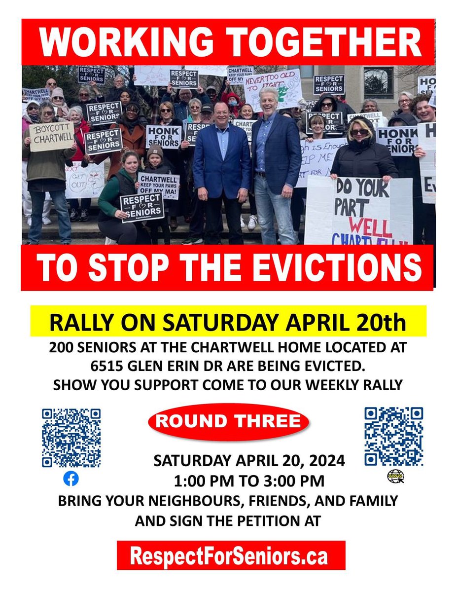 @jennyleeshee @fordnation The 200 EVICTED SENIORS ARE NOT TAKING TIME OFF THINKING WHERE THEY ARE GOING.  💔💔💔💔💔💔
Join us tomorrow!!

#respectforseniors
#mississauga
#stopchartwell