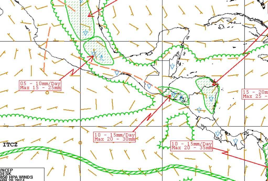 VAGUADA (linea anaranjada a trazos) por presiones bajas en el litoral costero del Pacífico de MEX, GUA y ELSV. !!! mantiene nublados y lluvias dispersas, algunas de tipo tormentas, viernes, sábado y domingo. !!!