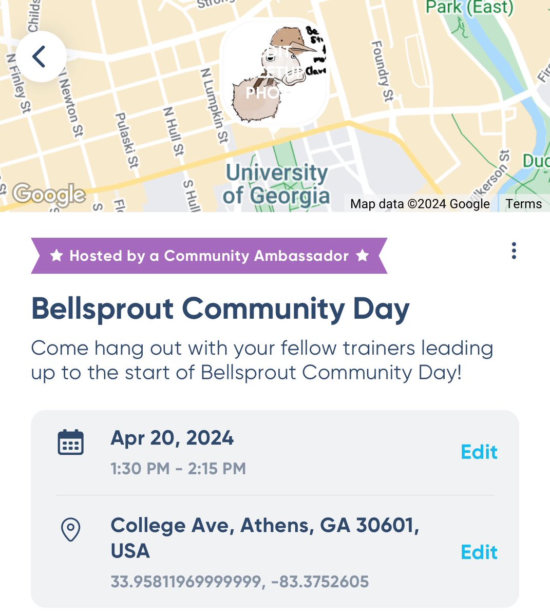 See y'all tomorrow for Pokémon GO Community Day in College Square near Starbucks in downtown Athens!
Check-in during the time for a Community Day Research code!