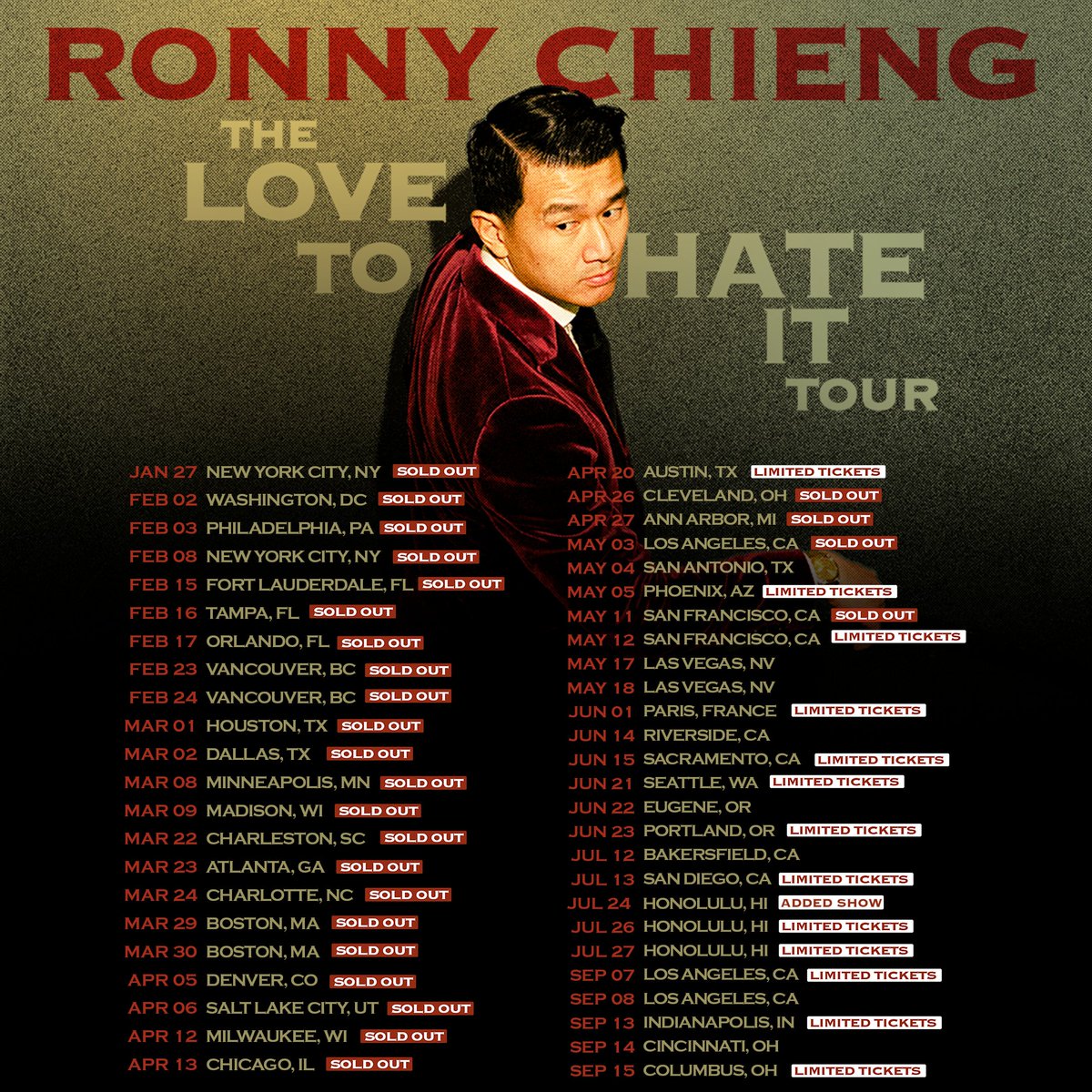 Ronny Chieng’s The Love to Hate it Tour is selling out fast. Get your tickets before they sell out at RonnyChieng.com.