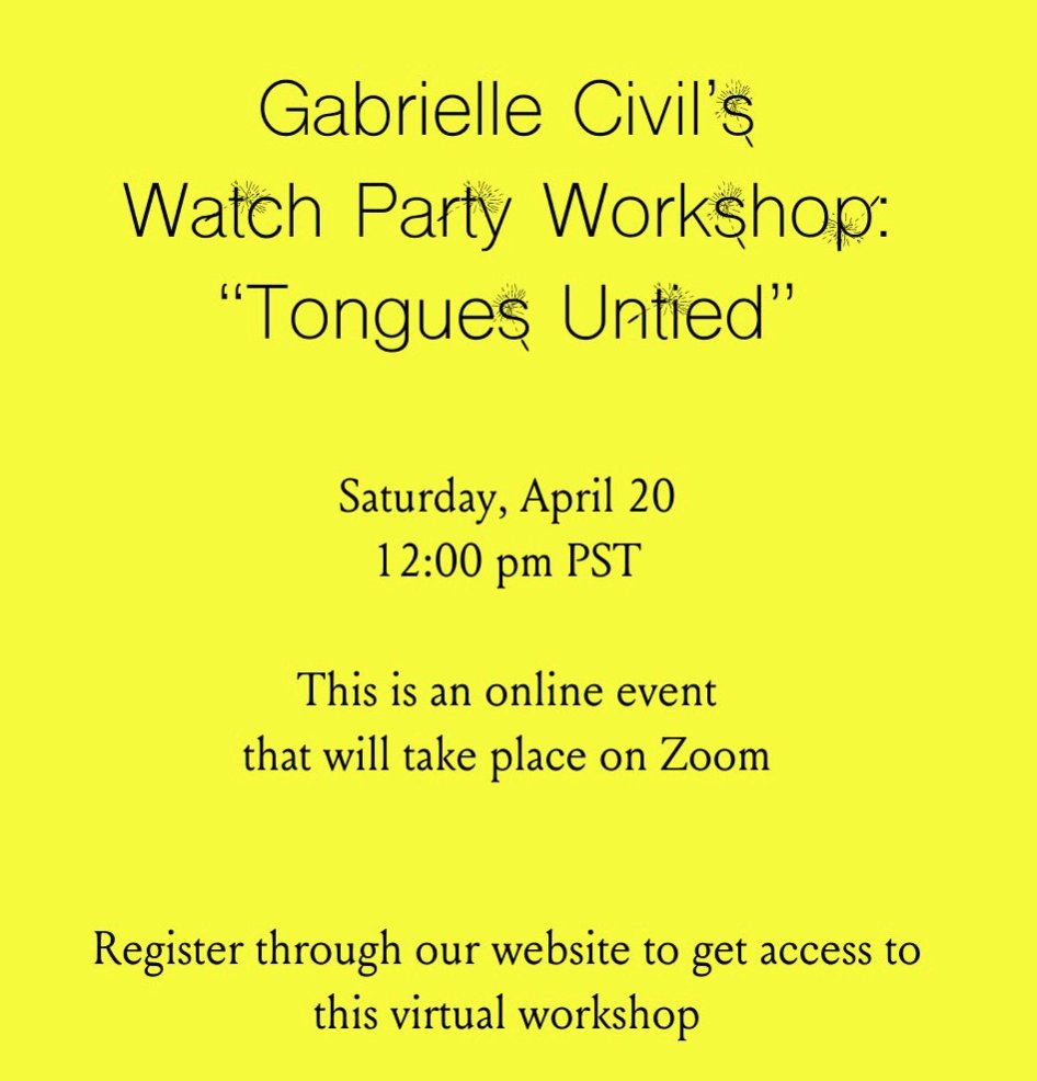 Tomorrow Gabrielle Civil and S*an D. Henry-Smith will host a digital screening of Marlon Riggs’s Tongues Untied (1989), transforming the often solitary activity of watching a movie online into a collective experience.  📼📷🖤 Register for the zoom link! smallpresstraffic.org/event/watch-pa…