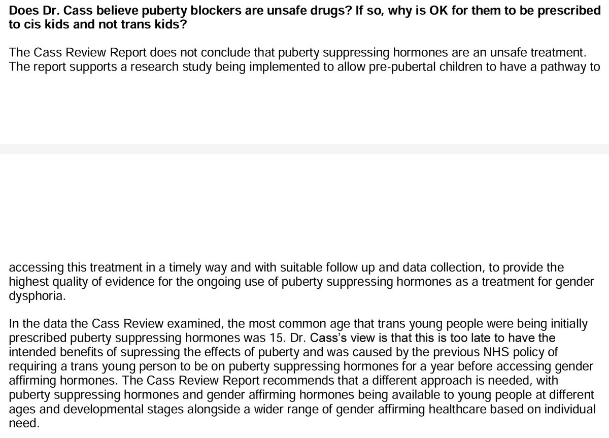 3. In the interview, Dr. Cass is asked about whether or not blocker are unsafe drugs. She responds that nothing supports that, and that blockers were actually being given 'too late' by the NHS, and that blockers and HRT should be made available based on individual need.