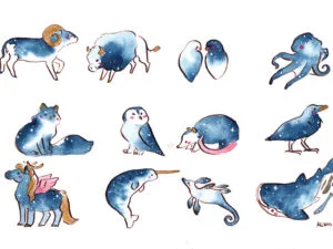 Original paintings, there are 7 of them left. Stegosaurus, alternate zodiac signs, corgis, cats.  