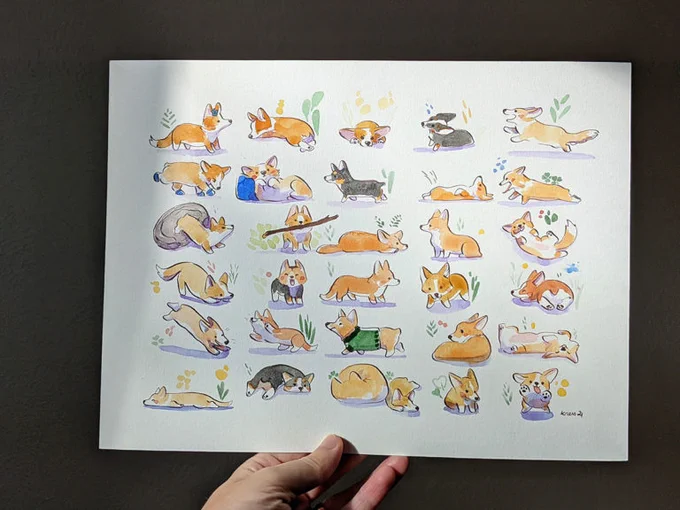 Original paintings, there are 7 of them left. Stegosaurus, alternate zodiac signs, corgis, cats.  