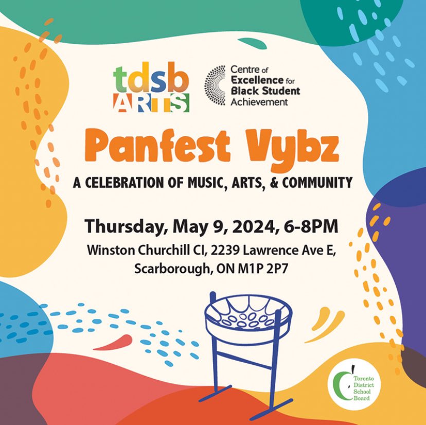 Happy to support and so excited for students to share their creations at Panfest Vybz May 9, 6-8 pm at Winston Churchill CI. bit.ly/panfestvybz @tdsb_cebsa @tdsb
