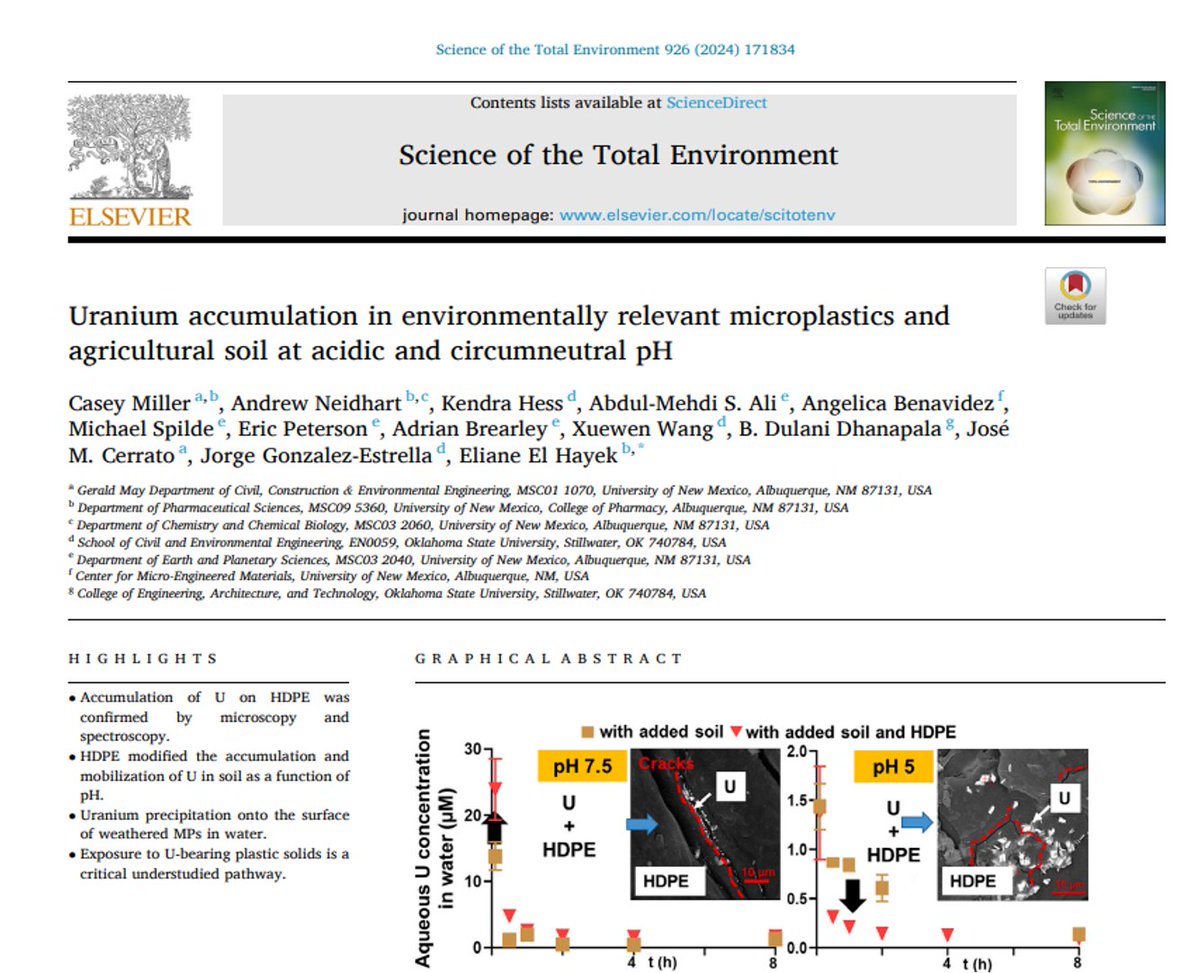 Learn about #HDPE #uranium #agricultural #soil interaction from our new paper <a href="/STOTEN_journal/">STOTEN</a> 
#PE is highly used in #plastic #packaging #foodservice
<a href="/JoseM_Cerrato/">Jose M. Cerrato</a> <a href="/jorgenvironment/">Jorge González Estrella</a> <a href="/CaseyMillerENGR/">Casey Miller</a> @sciencekendra <a href="/unmcop/">UNM College of Pharmacy</a> <a href="/unmcwe/">UNM Center for Water and the Environment</a> <a href="/NIMHD/">Health Disparities</a> @NIEHS @SRP_NIEHS 
sciencedirect.com/science/articl…