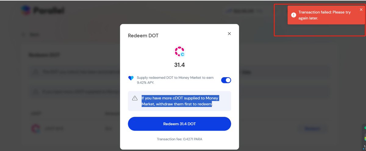 0Eth4's tweet photo. @ParallelFi 赎回dot,报错你们什么时候解决 https://t.co/iGw5QblXky