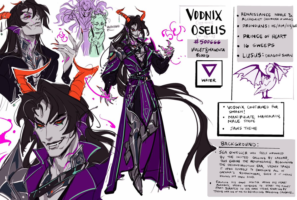 ill go first! this is vodnix and my current hyperfixation ๐ hes really evil and overtakes an entire brooding cavern so he can control the mothergrub . it doesnt work out, but he finds a cute jadeblood to torture -- er, i mean love in the process ! โบ๏ธ