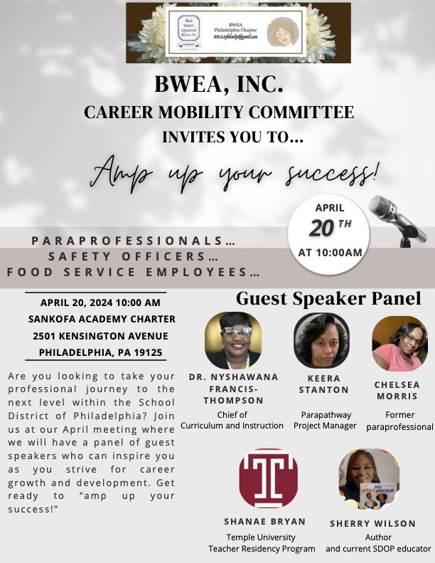 Tomorrow morning: Take your professional journey to the next level within @PHLschools. Amp up your success by attending the Black Women’s Educational Alliance's Career event at 10 am at Sankofa Academy Charter, 2501 Kensington Ave.