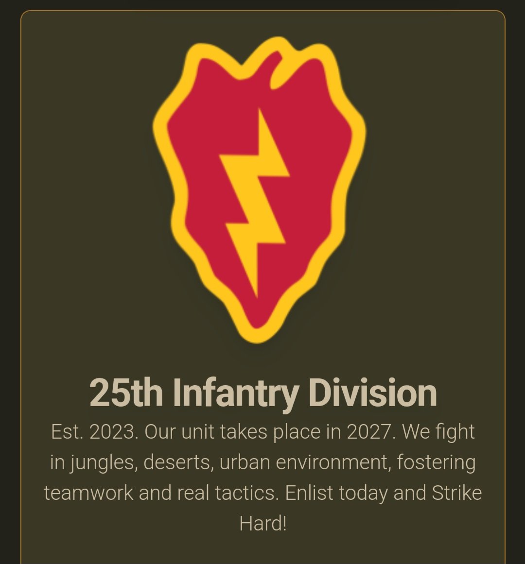 MilsimUnits's tweet photo. Another Unit has joined @MilsimUnits and We are happy to welcome @25thIDRealism to the platform! Head to https://t.co/eXdhWmxmfG to see check out their unit it profile and find out how you can be part of #TropicLightning!
#findaunit #MilSim #Arma3 #Recruiting #JoinUs #USArmy #GamingCommunity #GamingUnited