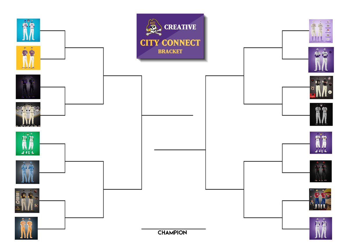 Pirate Nation! We recently challenged our creative team to design a “City Connect” style uniform concept for the ECU Baseball team. We compiled these designs into a bracket for you guys to vote on your favorites! 

DISCLAIMER: These are just concepts. Not real uniforms.