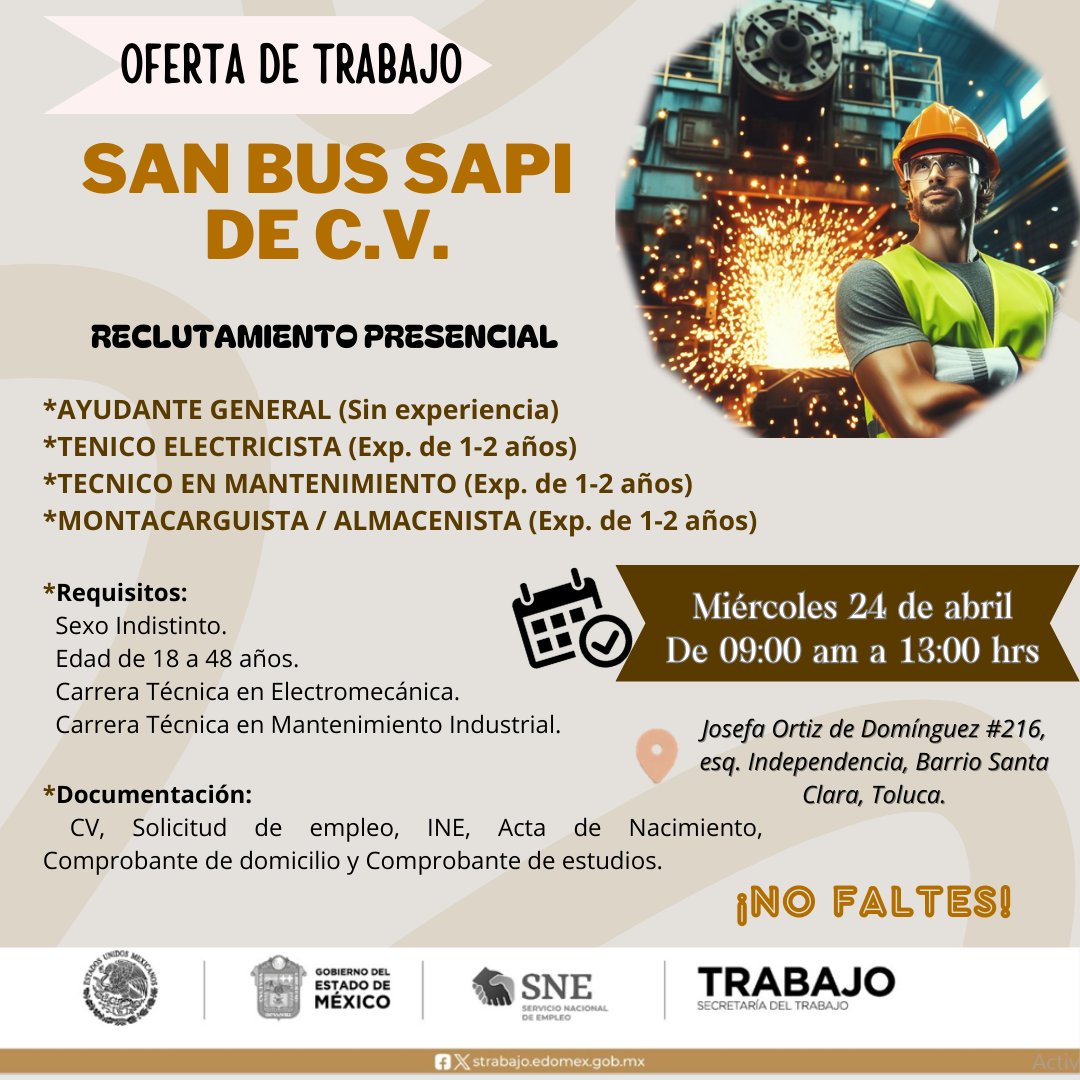 OreTolucaOf's tweet photo. Las empresas #SANBUS, #TUM y #WALMART  llevarán a cabo un #ReclutamientoPresencial el miércoles 24 de abril, en las instalaciones de la #OficinaRegionaldeEmpleoToluca, ofertando diferentes #vacantes

¡¡NO FALTES!!

NUESTROS SERVICIOS SON GRATUITOS

#BolsaDeTrabajo #empleos2024 https://t.co/2cO8AgkObC