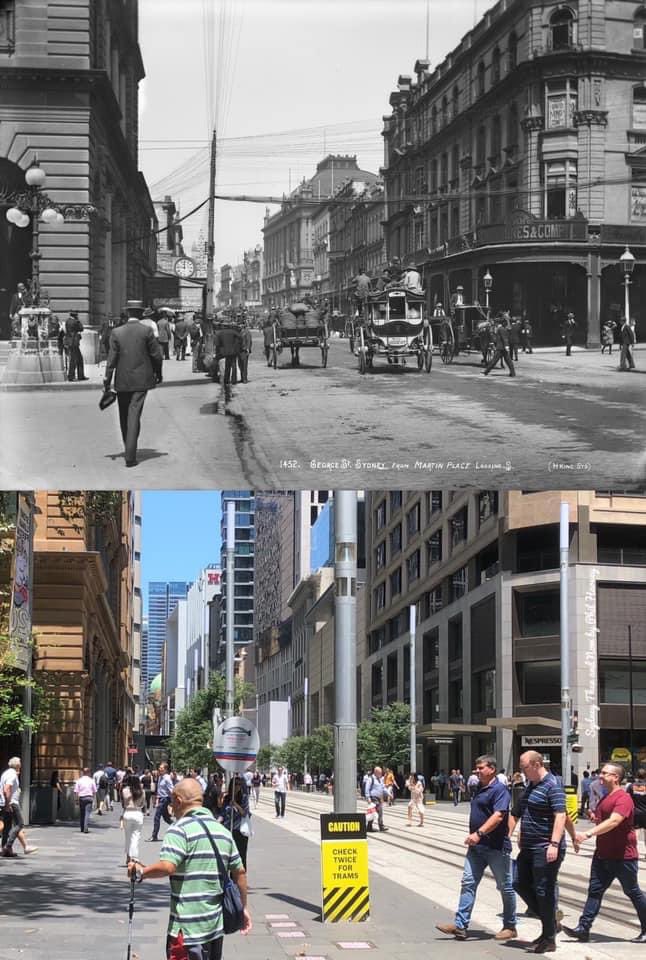 Blast from the STAN past - Looking south along George Street from Martin Place in the 1890s and in 2020.

[1890s-<a href="/statelibrarynsw/">State Library of NSW</a>>2020-Phil Harvey]