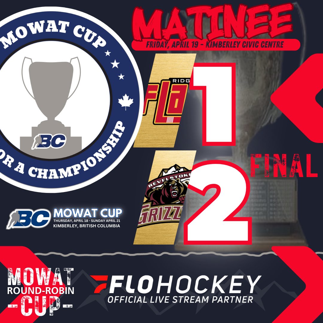 What a great afternoon game at the 2024 Mowat Cup in Kimberley. The Revelstoke Grizzlies on goals from Aston and Coventry edged Ridge Meadows 2-1. Foster scored for the Flames. For more details, go the the kijhl.ca website ... kijhl.ca/stats/daily-sc…