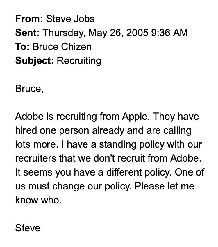 Steve Jobs emailed Bruce Chizen (CEO of ADBE) after he attempted to poach employees from Apple What an absolute guy