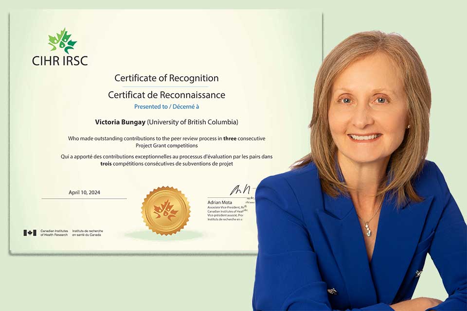Congratulations to <a href="/vickybungay/">Vicky Bungay</a> on receiving the Certificate of Recognition from <a href="/CIHR_IRSC/">CIHR</a> for outstanding service as a peer reviewer in 2023! Read more: nursing.ubc.ca/community/news…