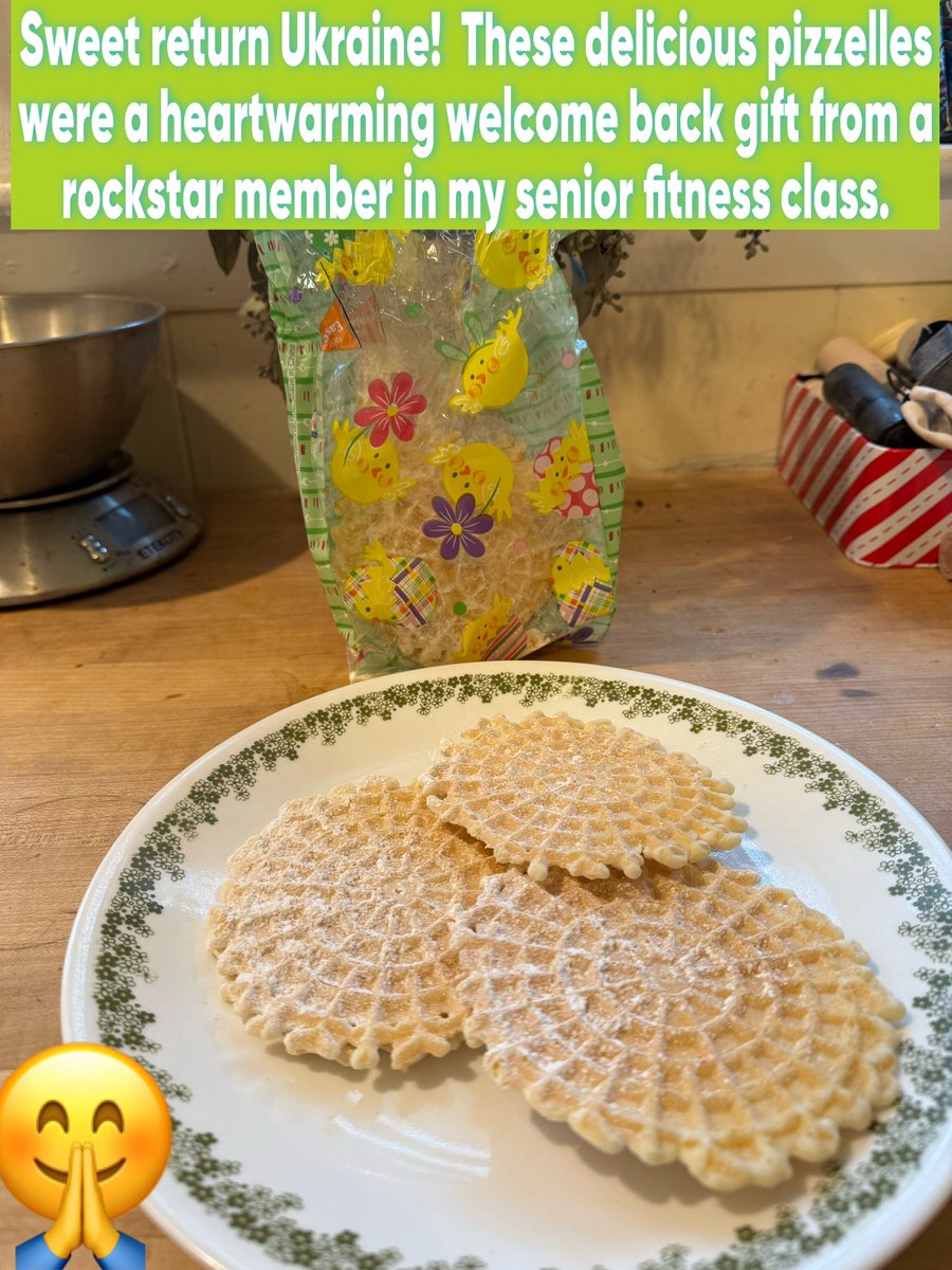 Sweet return from Ukraine! 💙💛 These delicious pizzelles were a heartwarming welcome back gift from a rockstar member in my senior fitness class. 😋 Feeling so grateful for their thoughtfulness and the kindness that surrounds me. 🙏🏽 #Food #Desserts #snack #grateful #Kindness
