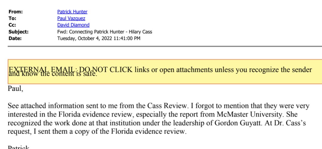 7. Dr. Cass has also responded to reports from my own newsletter, first uncovered by @ZJemptv, about her meeting with Patrick Hunter, a Catholic Medical Association member who was tapped by Gov DeSantis to bns care in Florida through none other than a purposefully faulty review.