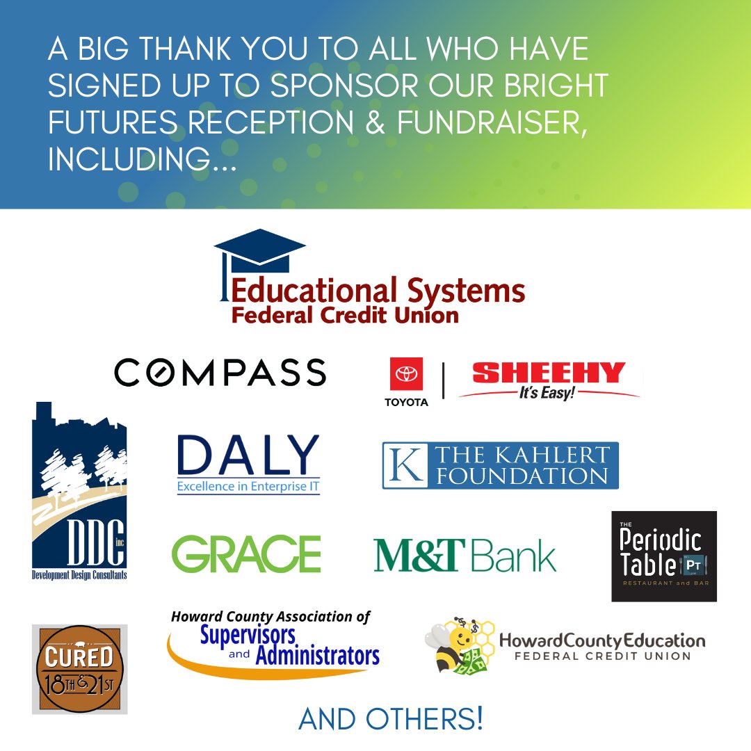 Bright Minds Foundation (@brightmindsmd) on Twitter photo Join us at our Bright Futures reception on May 6 to benefit <a href="/HCPSS/">HCPSS</a> students and educators! Thanks to <a href="/ESFCU/">Educational Systems Federal Credit Union</a>, <a href="/SheehyAuto/">Sheehy Auto Stores</a>, <a href="/Compass/">Compass</a>, <a href="/DALYComputers/">DALY Computers</a>, Kahlert Foundation, <a href="/MandT_Bank/">M&T Bank</a>, DDC, and others for sponsoring! Tickets and sponsorships: brightmindsfoundation.org/brightfutures/ Join us at our Bright Futures reception on May 6 to benefit <a href="/HCPSS/">HCPSS</a> students and educators! Thanks to <a href="/ESFCU/">Educational Systems Federal Credit Union</a>, <a href="/SheehyAuto/">Sheehy Auto Stores</a>, <a href="/Compass/">Compass</a>, <a href="/DALYComputers/">DALY Computers</a>, Kahlert Foundation, <a href="/MandT_Bank/">M&T Bank</a>, DDC, and others for sponsoring! Tickets and sponsorships: brightmindsfoundation.org/brightfutures/