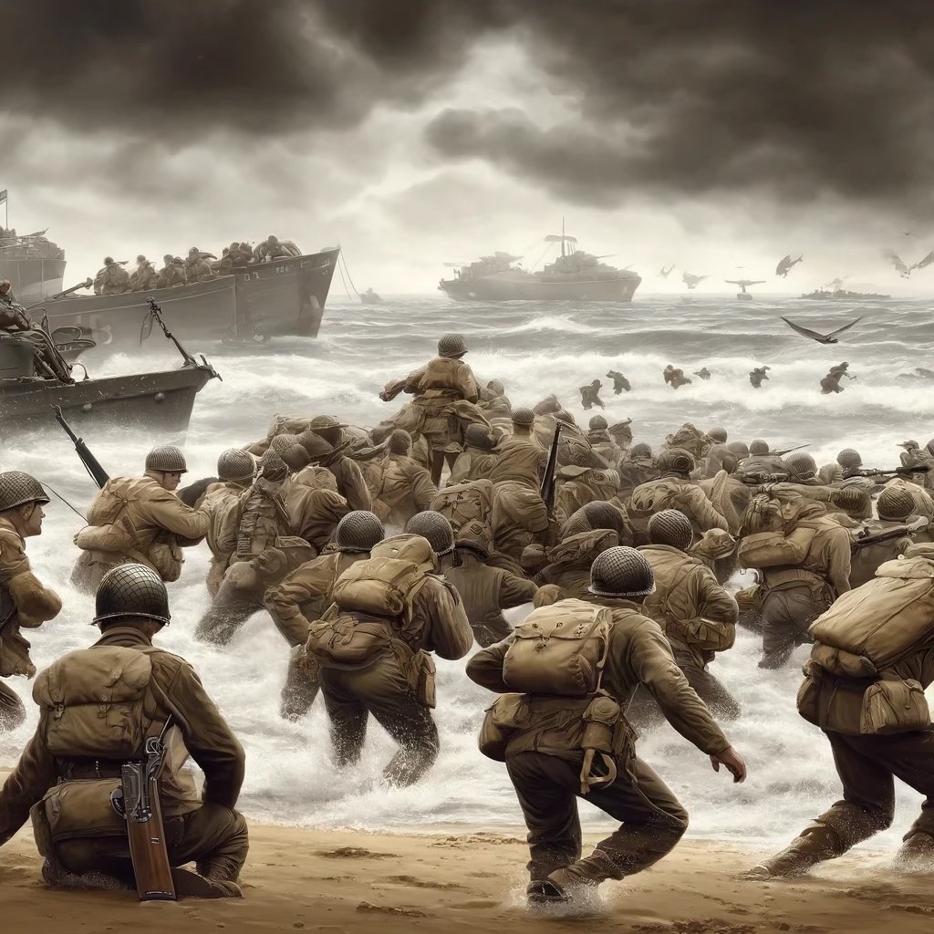 Well, I asked @ChatGPTapp to make an image of soldiers in WW2 storming the beach at Normandy and wound up with this... Uh... something's not quite right. 🙃 Do you see what's wrong with this picture?