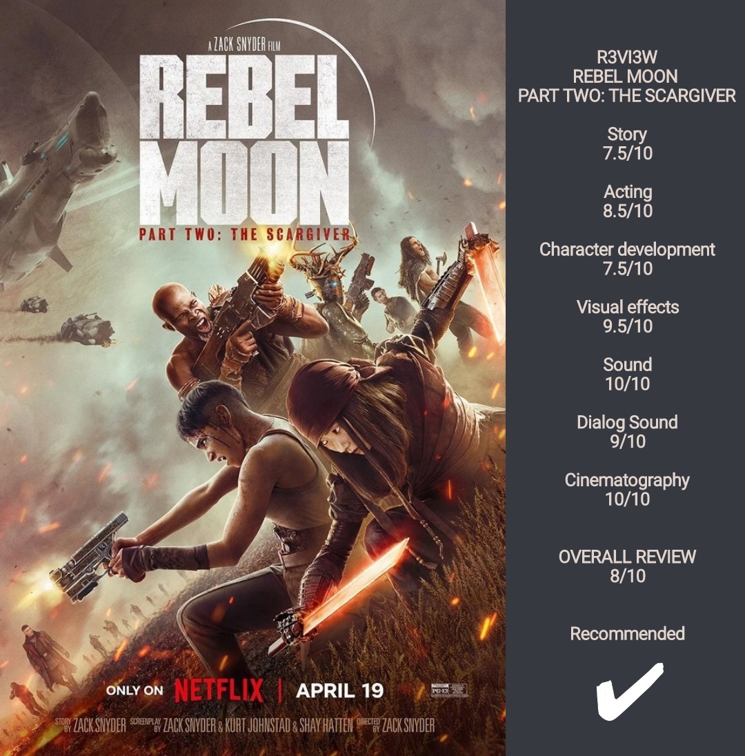 REBEL MOON - PART TWO: THE SCARGIVER
Release-2024

#sophiaboutella #edskrein #djimonhounsou #doonabae #staznair #rayfisher #review #movies #film #moviereviews #filmreviews #films #moviecritic #filmcritic #netflix #r3vi3wz #rebelmoon #zachsnyder #anthonyhopkins #thestonequarry