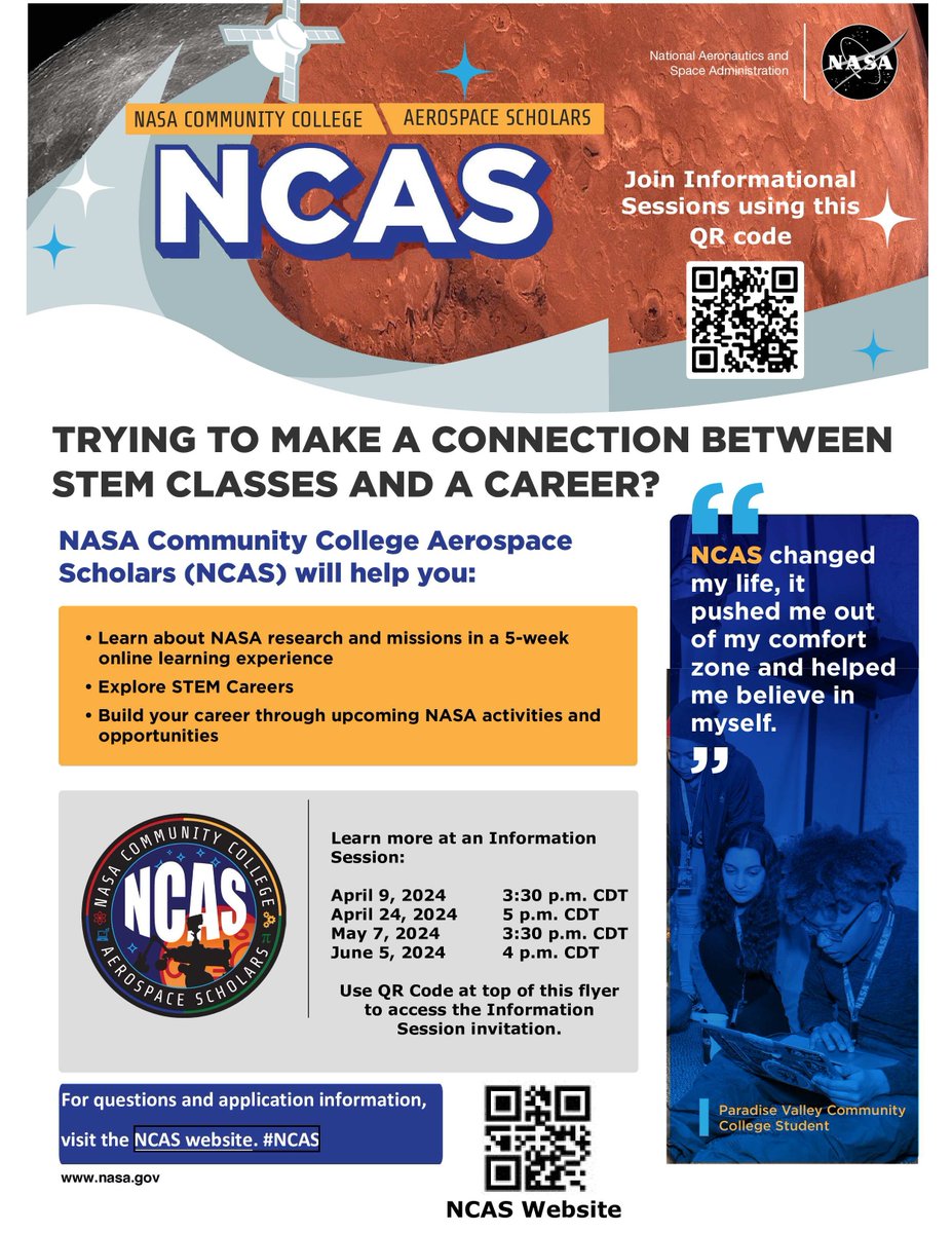 NASA Community College Aerospace Scholars (NCAS)
Join an Info Session on April 24, May 7, or July 5 to learn more! #jobseekers