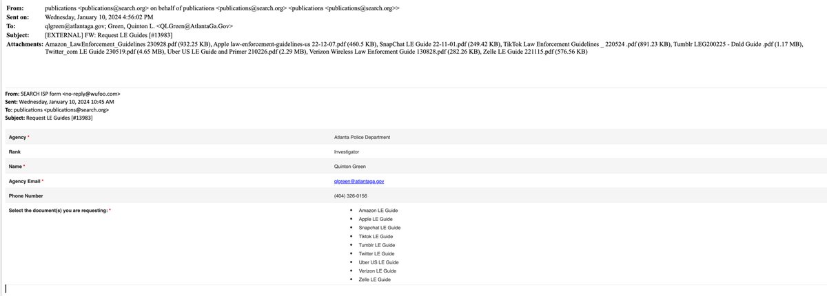 APD investigator Quinton Green requested guidelines for law enforcement officials seeking data from users of the following platforms: Amazon, Apple, SnapChat, TikTok, Tumblr, Twitter, Uber, Verizon, Zelle. #FOIAFriday   All guidelines can be viewed here archive.org/details/twitte…