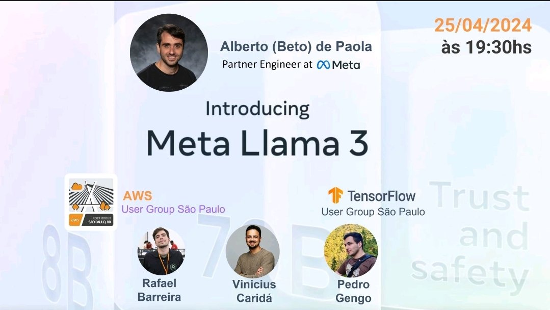 vfcarida's tweet image. Introducing Meta Llama 3!!

Ontem foi o lançamento oficial do Llama 3
lnkd.in/dMF_KD_Q

Nesse momento histórico na nossa comunidade tech, pela primeira vez os user groups AWS e Tensorflow estão juntos na organização desse meetup inovador. Nesse encontro vamos conhecer mais…
