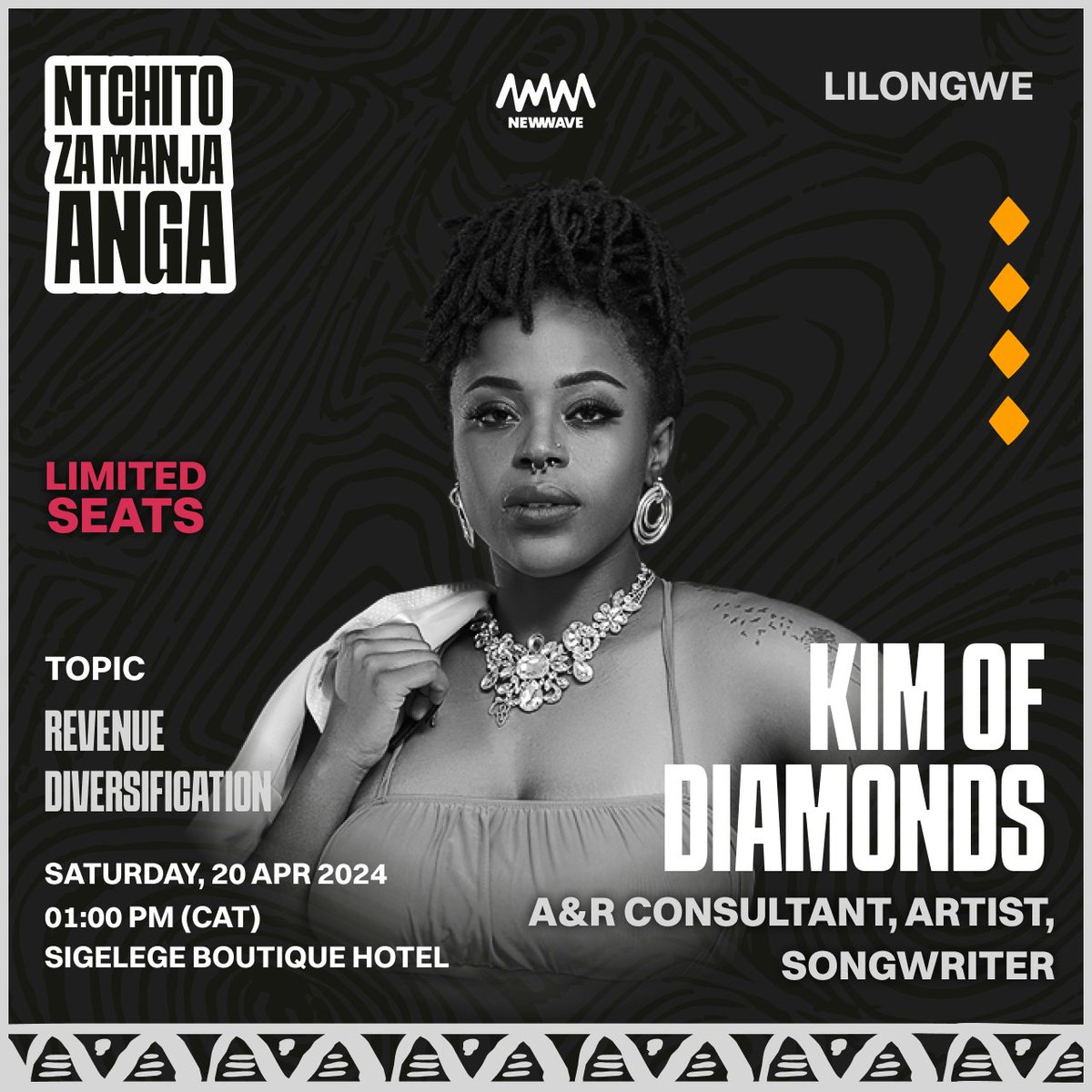 Excited to welcome @Kimofdiamonds to #NZMA2024 Lilongwe workshop as a speaker on revenue diversification She's a Malawian R&B singer-songwriter. She is the founder of @TheDiamondMW empowering artists through music business workshops & Community building.