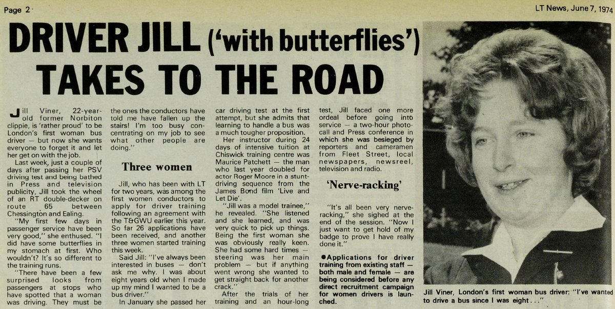 #London #Transport (LT) News (No. 29 - June 7 1974) clipping:
The first woman bus driver for LT was named Jill Viner, which gained press and television publicity. Her first route was the 65 between Ealing and Chessington, driving the AEC Regent III RT.