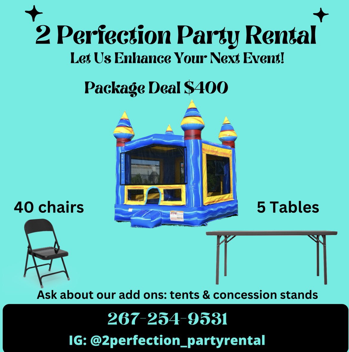 Rent our moon bounce, tables and chairs for your next event  #partyrental #tables #chairs #tablesandchairs #cottoncandy #popcorn #moonbounce #entertainment #events  #birthdayparty #cookout #familyreunion #bookwithme #philly #nj #de