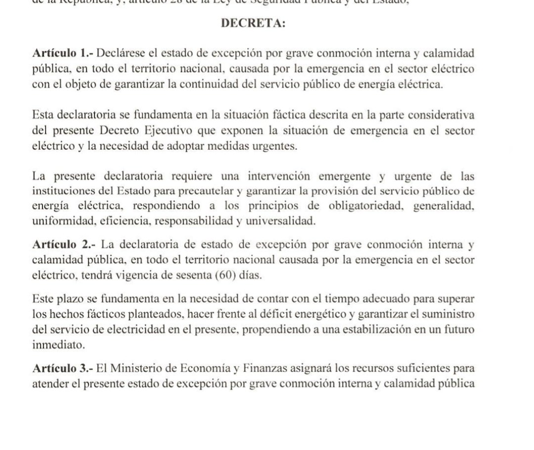 UnCafeConJJ's tweet image. #URGENTE: Daniel Noboa decretó #EstadoDeExcepción por grave conmoción interna y calamidad pública en todo el territorio nacional. Esto ante la crisis energética que vive el país.