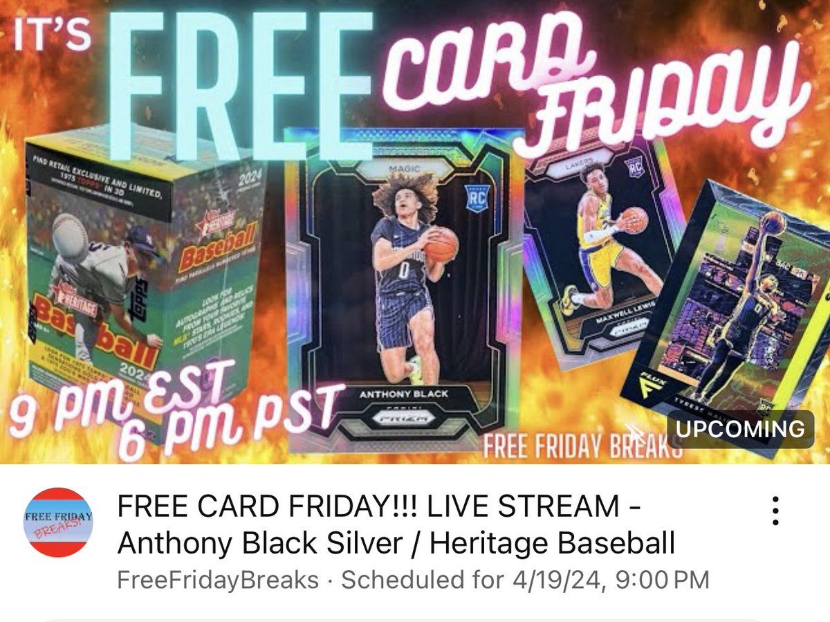 Free Card Friday 9PM EST 6 giveaways this week. Comment on last weeks livestream to enter youtube.com/live/o9WQa5w85… See you then.