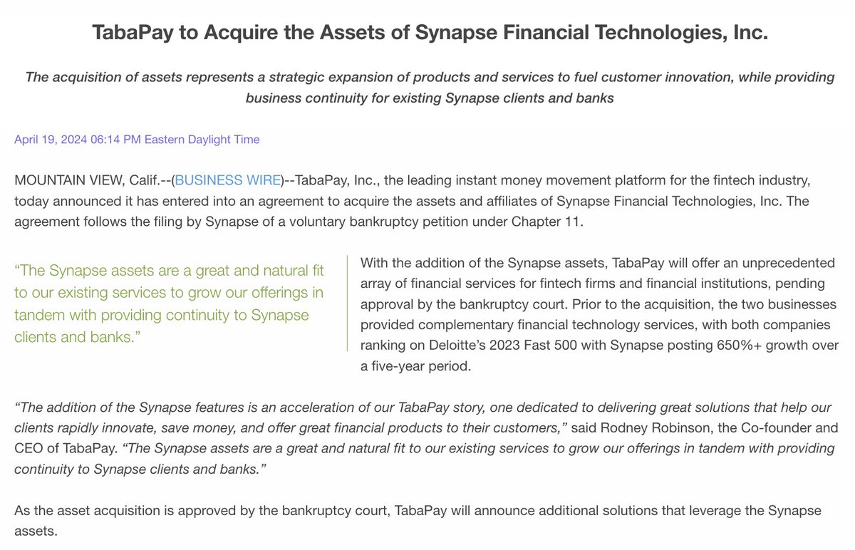 Synapse, once the Banking as a Service leader & the starting point for many neobanks, filed for bankruptcy

Mercury, Relay, Cleo, Dave, Yotta, Stilt, Copper were all Synapse clients, but all moved on, some to other BaaS providers (like Unit), some to their own infra.