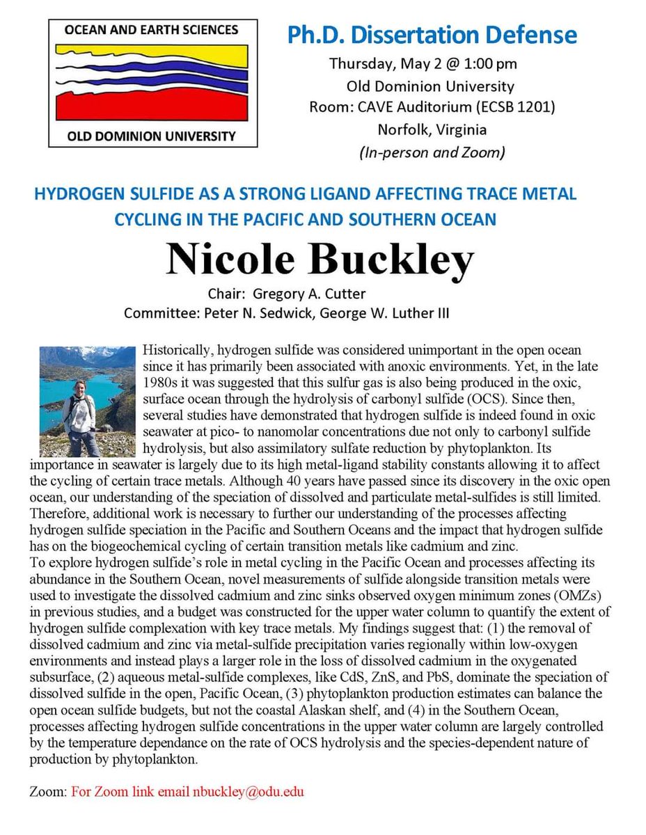 OES Graduate Student Nicole Buckley will be defending her dissertation on Thursday, May 2nd at 1pm in the CAVE auditorium! Please come and show your support as she discusses her research on hydrogen sulfide and its importance in seawater metal cycling. #olddominionuniversity