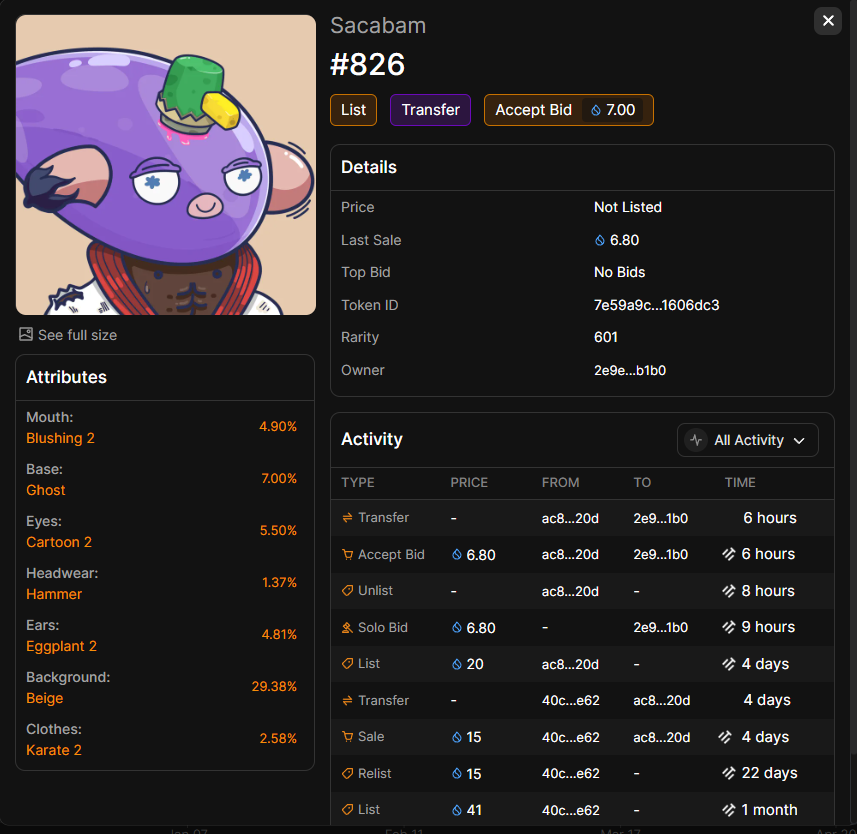 0xJosha's tweet photo. 🔫I sniped it . Sacabam #826 by 6.8 $Sui Rarity 601 Top 40% (Rarity from 466 - 931 )   Average sale price of NFTs rarity tier : 62.464 $SUI
▄︻デ══━一🎯  #Tradefest @tradeportxyz https://t.co/fjP4oWNLaE