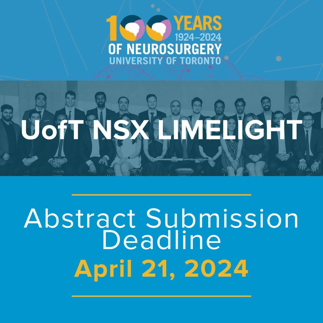 A reminder that the abstract submission deadline for UofT #NSX #Limelight is on Sunday! $500 cash prizes are available for the best poster and best oral presentation. Submit your #abstract here: bit.ly/3IWphHr @MansurAnn @armaan_km @AndrewAjisebutu #Neurosurgery