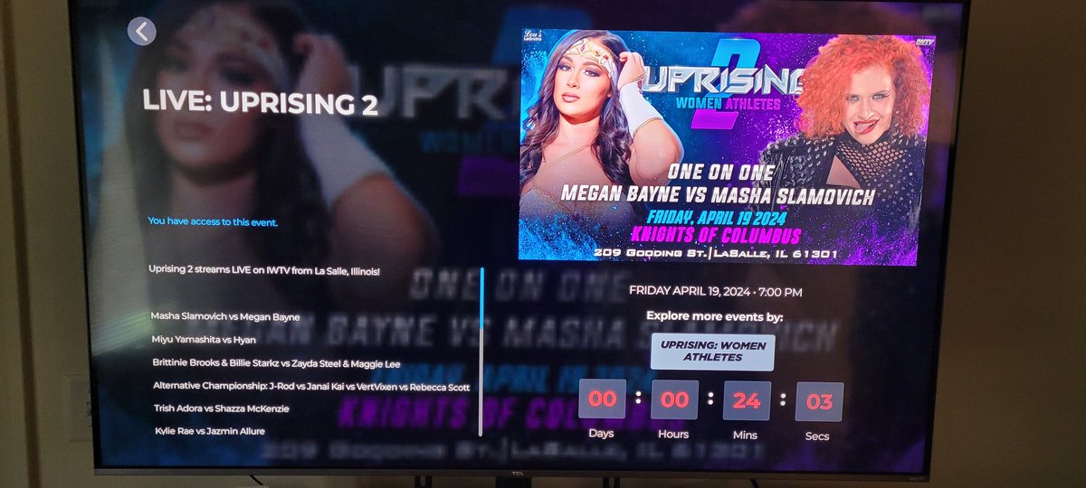 Happy discovery today:

Roku + @indiewrestling + subscription means I get to watch the excellent all women wrestling show, Uprising 2, from @DWWrestling featuring
@meganbayne against @mashaslamovich TONIGHT

WOOHOO!!!!