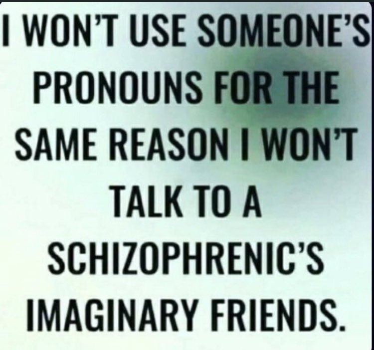 If you need pronouns to define you …. I will not acknowledge your presence. I am not alone in my thinking. There’s more like me, than you. 1% Mental Illness. I will not bow down to you. You don’t run this country. Your cheerleader named Joe will not get re-elected. Common