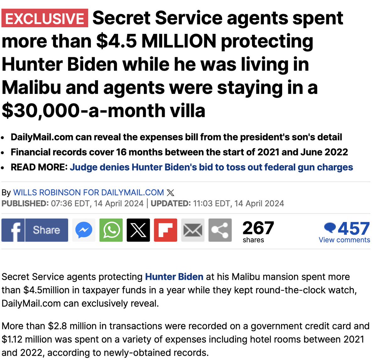 Democrats are trying to take away Trump's Secret Service protection. Meanwhile it cost taxpayers 4.5 million for just one year for Hunter Biden's Secret Service protection while he lived it up in Malibu.

Banana Fvcking Republic.