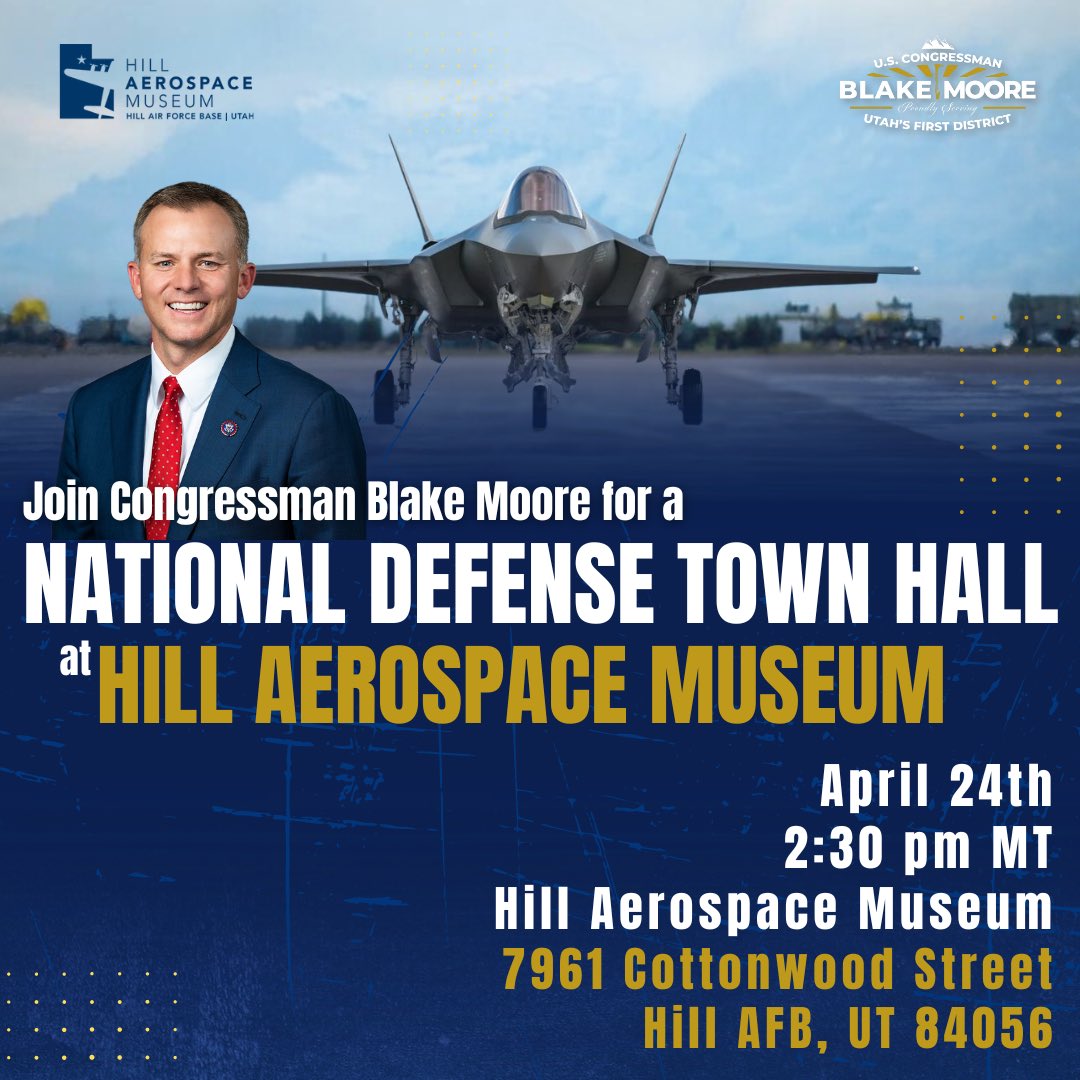 As part of my town hall series next week, I am thrilled to host my first ever national defense town hall at the Hill Aerospace Museum on April 24th at 2:30pm! We will focus on issues facing @HAFB & our current national security environment. I’d love to see you at this special…