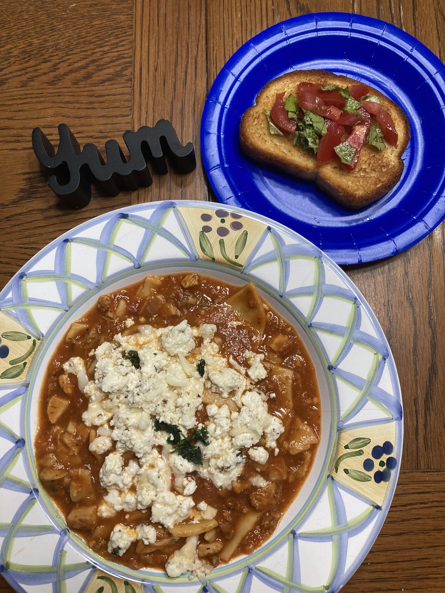Ok, Mrs. Burning made a great meal tonight. @alyssataylor88 slayed with lasagna soup and homemade bruschetta.