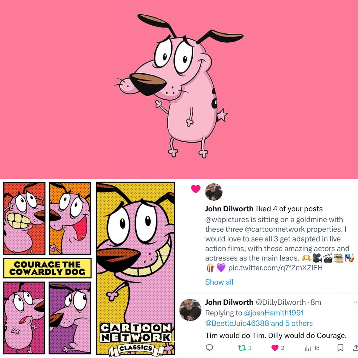 The creator of 'Courage the Cowardly Dog' ( @DillyDilworth ) thinks director #TimBurton is the best choice to bring his beloved character to the big screen in live-action. 💜🎥🎬🎞️🎭🫶 @wbpictures @cartoonnetwork