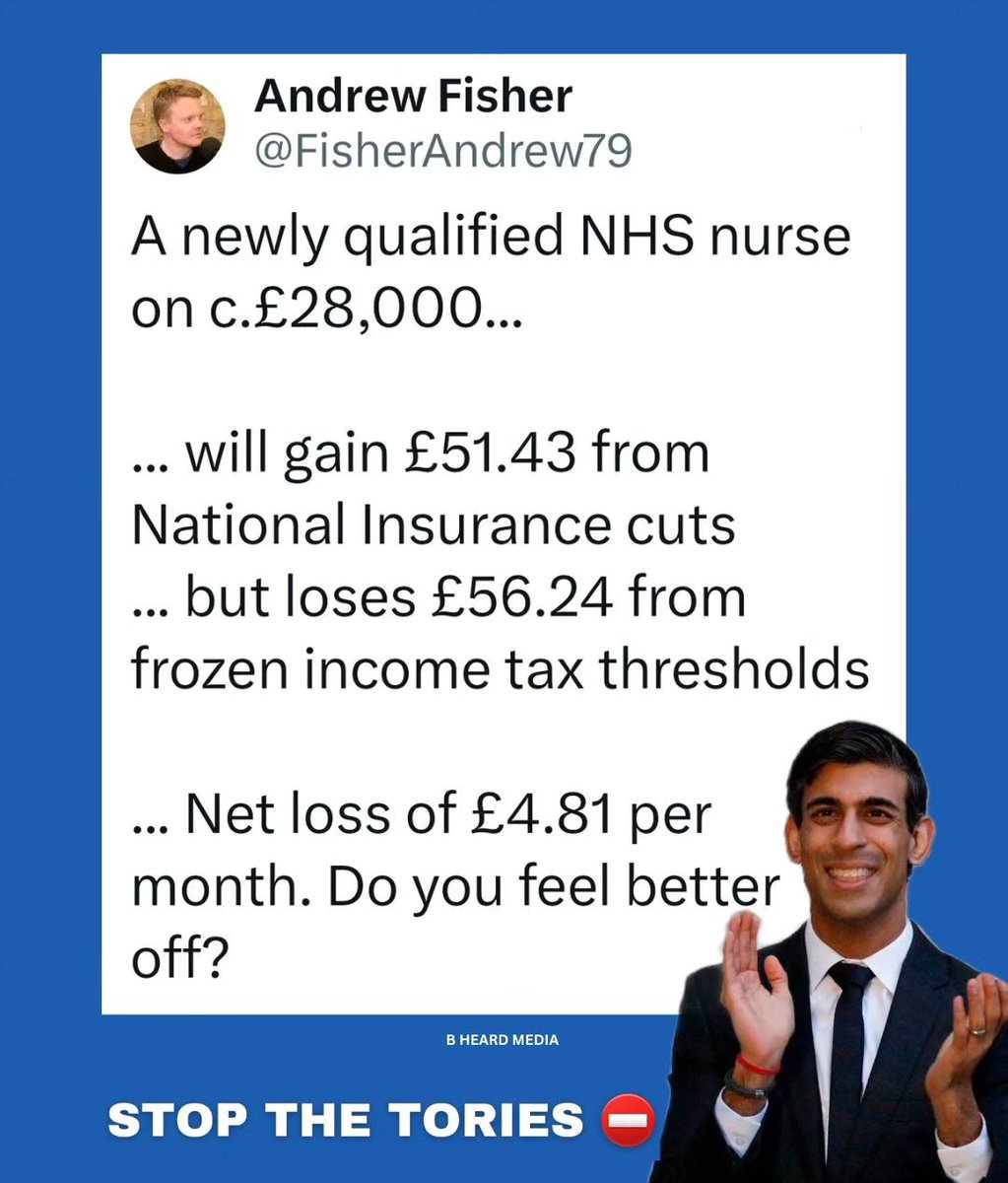 Throughout the Covid pandemic, Rishi Sunak was happy to be filmed every Thursday clapping for our wonderful brave #NHS workers... Today his Tory #Budget will actually make the vast majority of #NHSWorkers worse off!! #EnoughlsEnough #JeremyHunt #RishiSunak #Budget2024