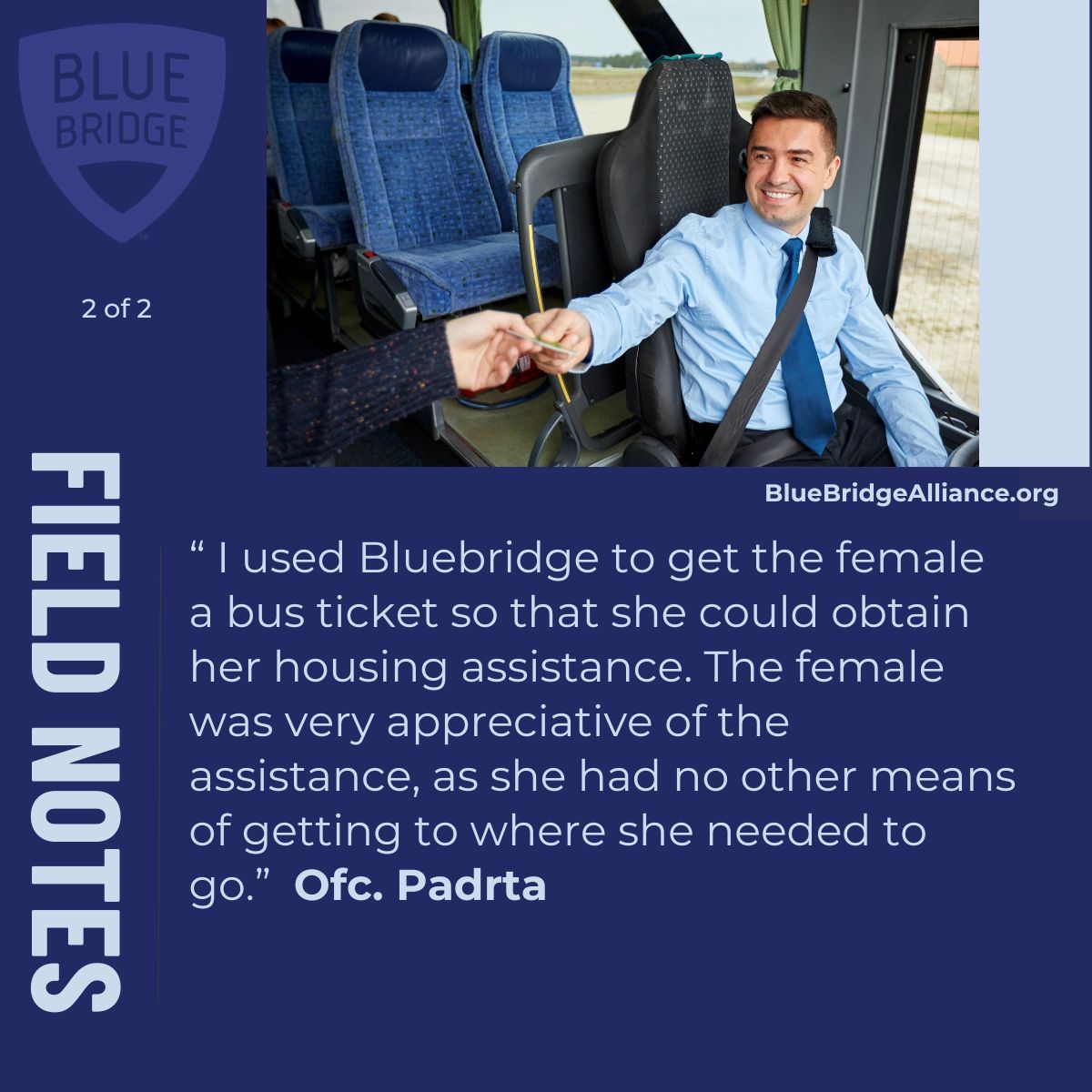 Stranded and without ID, a woman finds a lifeline in Officer Padrta's kindness. A bus ticket becomes a bridge to housing and a brighter future.  #communitypolicing #humanizingthebadge #bluebridgealliance