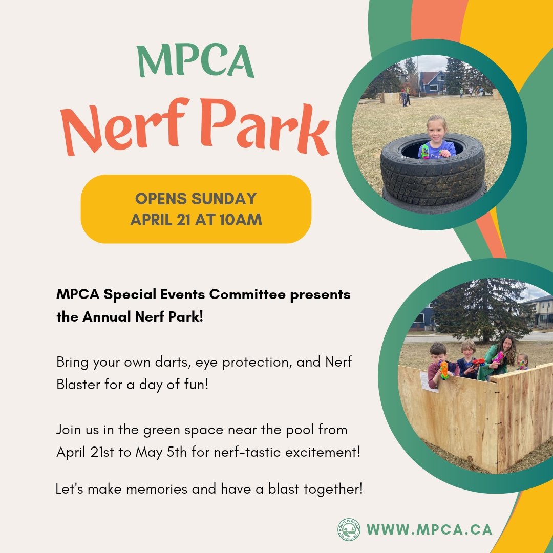 MountPleasantCA's tweet photo. Mark your calendars for the MPCA Annual Nerf Park from April 21st to May 5th!  Bring your Nerf blasters, darts, and eye protection, and join the excitement at the green space near the pool. Everyone is welcome! https://t.co/XQFbNR2N2h