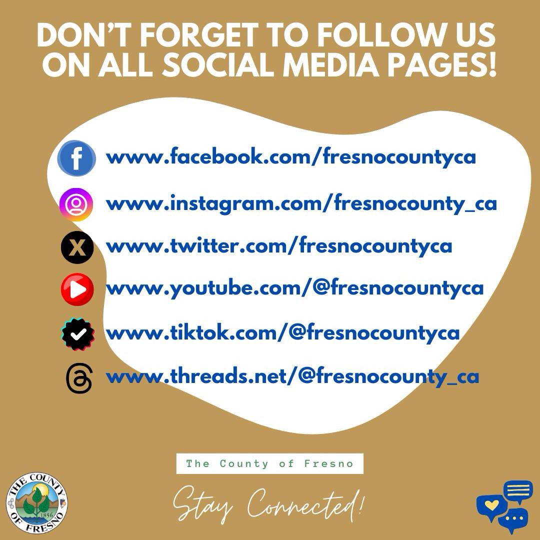 On this #FollowFriday don't forget to stay connected with us! #wearefresnocounty FB: facebook.com/fresnocountyca IG: instagram.com/fresnocounty_ca Twitter: x.com/fresnocountyca Youtube: youtube.com/@fresnocountyca Tiktok: tiktok.com/@fresnocountyca Threads: threads.net/@fresnocounty_…
