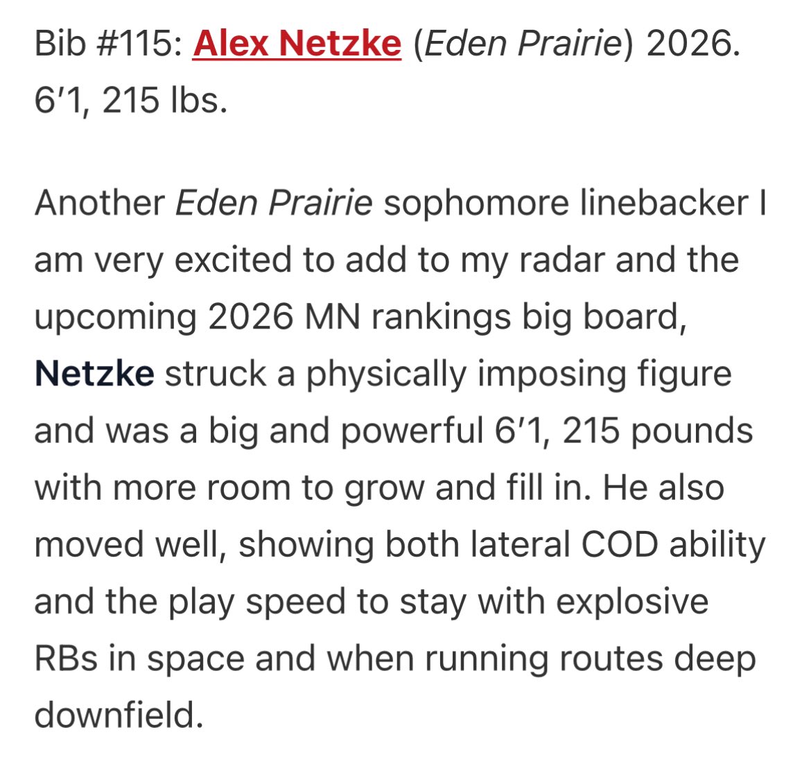 Alex Netzke (@alex_netzke7) on Twitter photo Thank you <a href="/PrepRedzoneMN/">Prep Redzone Minnesota</a> for the great camp and <a href="/OJW_Scouting/">PrepRedzone Oliver</a> for the awesome write up! Can’t wait for the season to start🦅
<a href="/FootballEPHS/">Eden Prairie High School Football</a>
<a href="/MNFBSpotlight/">MNFootballSpotlight</a> Thank you <a href="/PrepRedzoneMN/">Prep Redzone Minnesota</a> for the great camp and <a href="/OJW_Scouting/">PrepRedzone Oliver</a> for the awesome write up! Can’t wait for the season to start🦅
<a href="/FootballEPHS/">Eden Prairie High School Football</a>
<a href="/MNFBSpotlight/">MNFootballSpotlight</a>